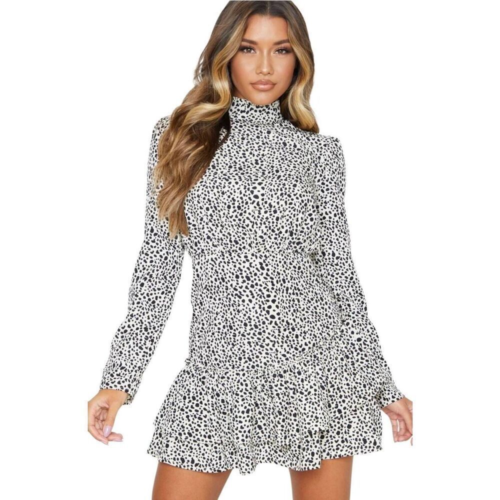Pretty Little Thing Stone Polyester Dalmatian Print High Neck Frill Hem Shift Dr